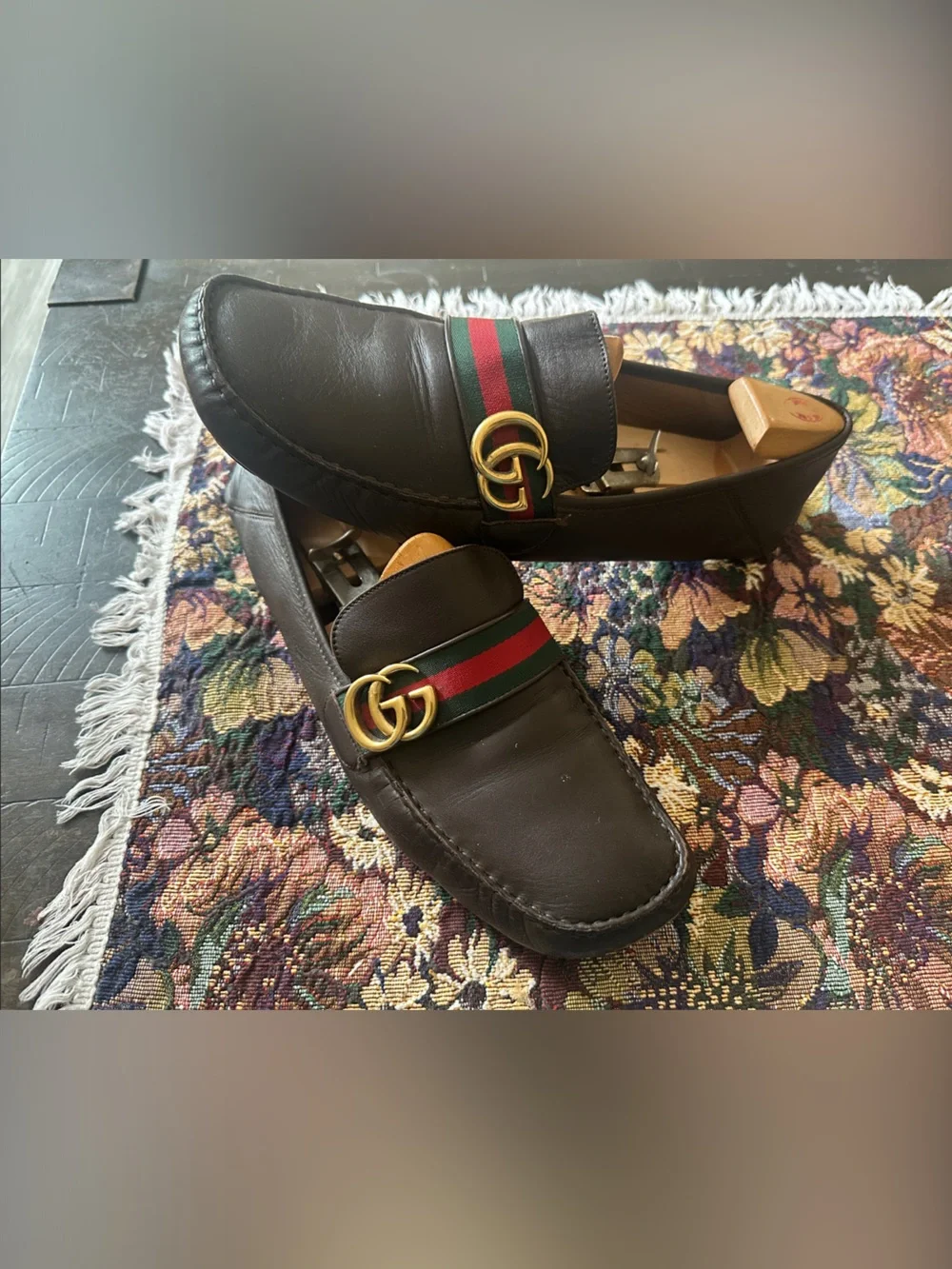 Gucci GG Gold Green Red Web Brown Leather Men’s Driving Loafers Size 12 G